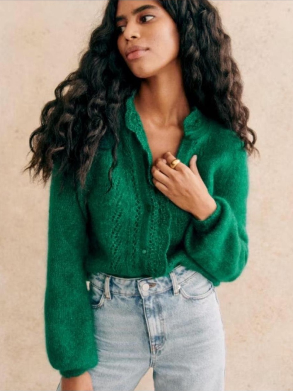 Sezane Emerald Green Lace-Trim Button-Front Sweater